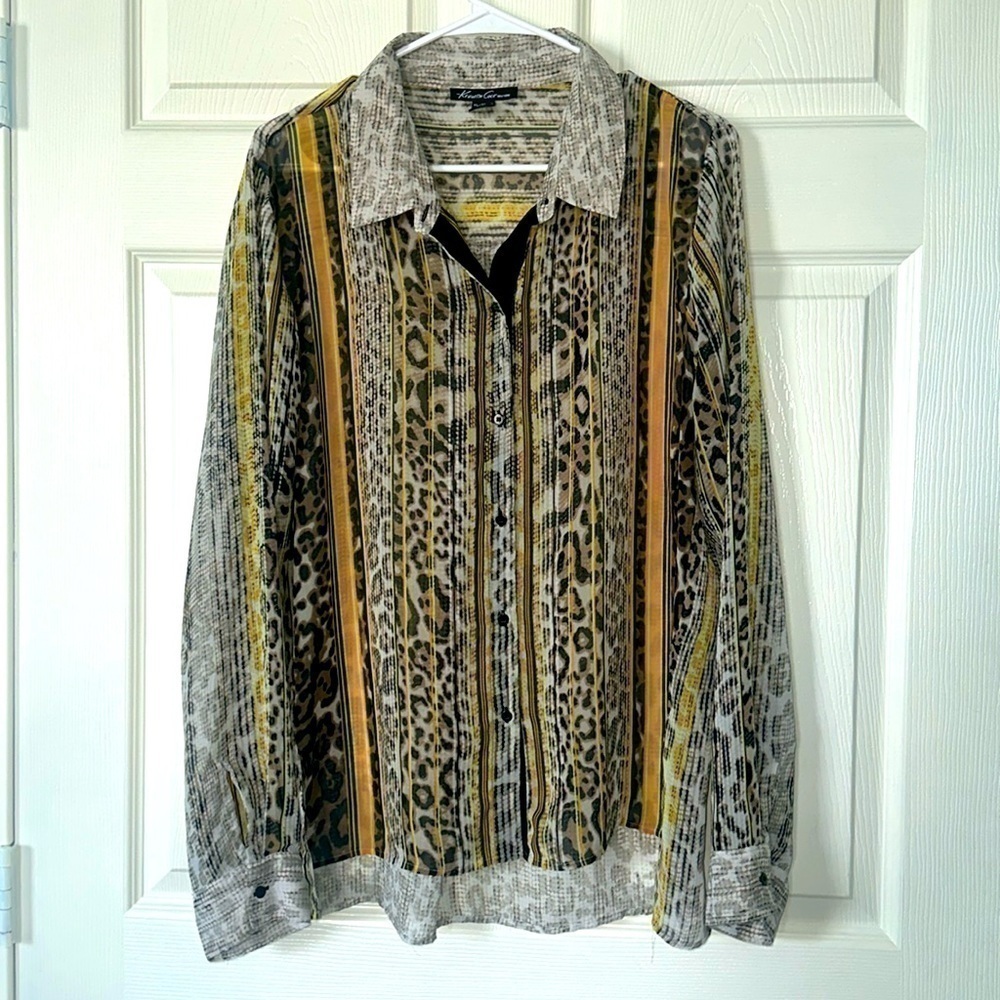 Kenneth Cole New York Striped Button Down leopard shirt Sz XL